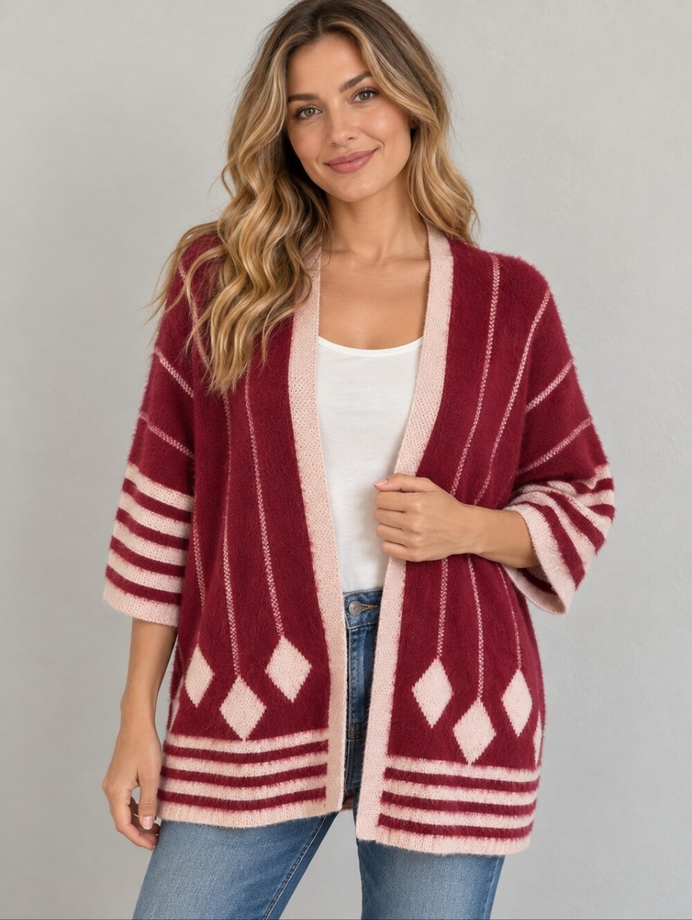 chloah Geometric Shaggy Eyelash Open Front Dolman Sleeve Varsity Cardigan
